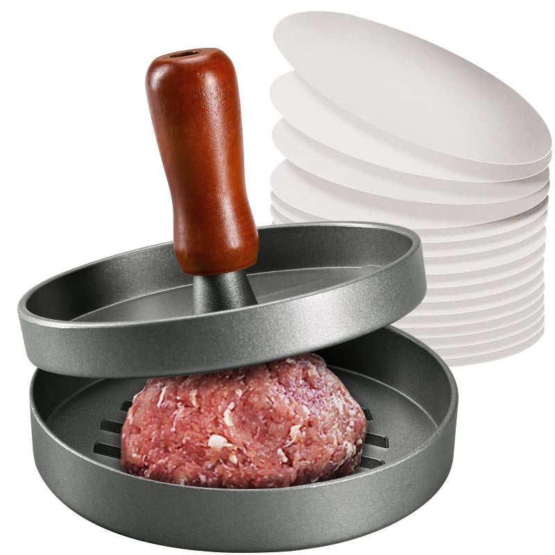 PIQUEBAR Burger Press Patty Maker Stainless Steel Hamburger Patty Press Mold Wood Handle NonStick with 100 Patty Papers