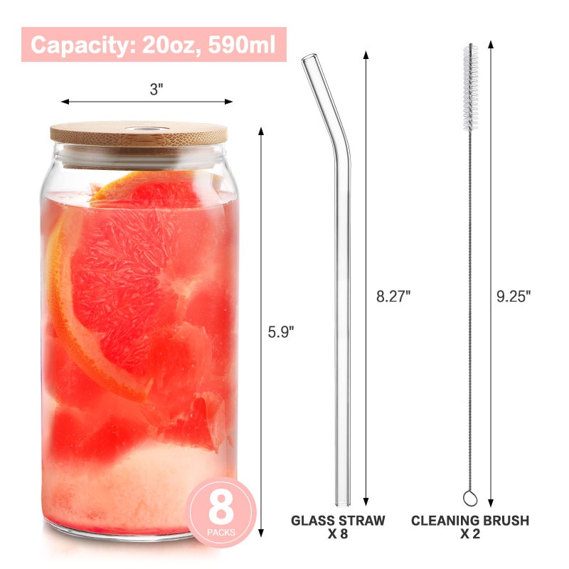 HOMBERKING Glass Cups with Bamboo Lids and Straws 8pcs Set, 20oz Cups, Beer Glasses, Iced Coffee Cups, Cute Tumbler with 2 Cleaning Brushes, Ideal for Cocktail, Whiskey, Tea, Gift - Image 2