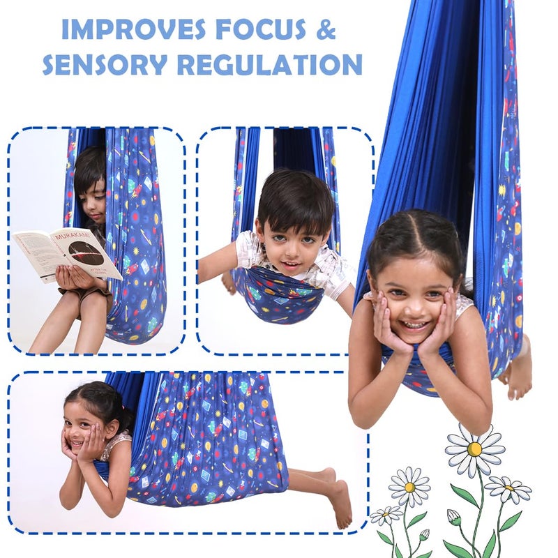 abley's Sensory Swing for Kids Indoor with Mounting Hardware Kit, Space Theme Design, Double-Layers, Adjustable Snuggle Cuddle Hammock Lycra Therapy Swing, Blue - Image 4
