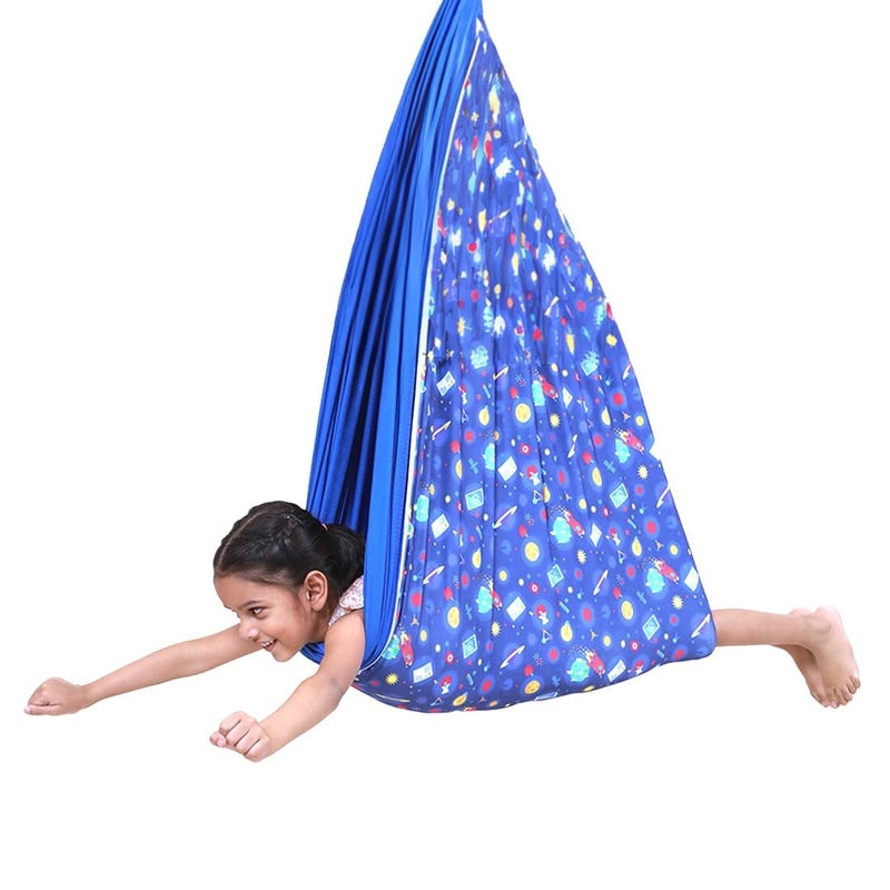 abley's Sensory Swing for Kids Indoor with Mounting Hardware Kit, Space Theme Design, Double-Layers, Adjustable Snuggle Cuddle Hammock Lycra Therapy Swing, Blue - Image 1