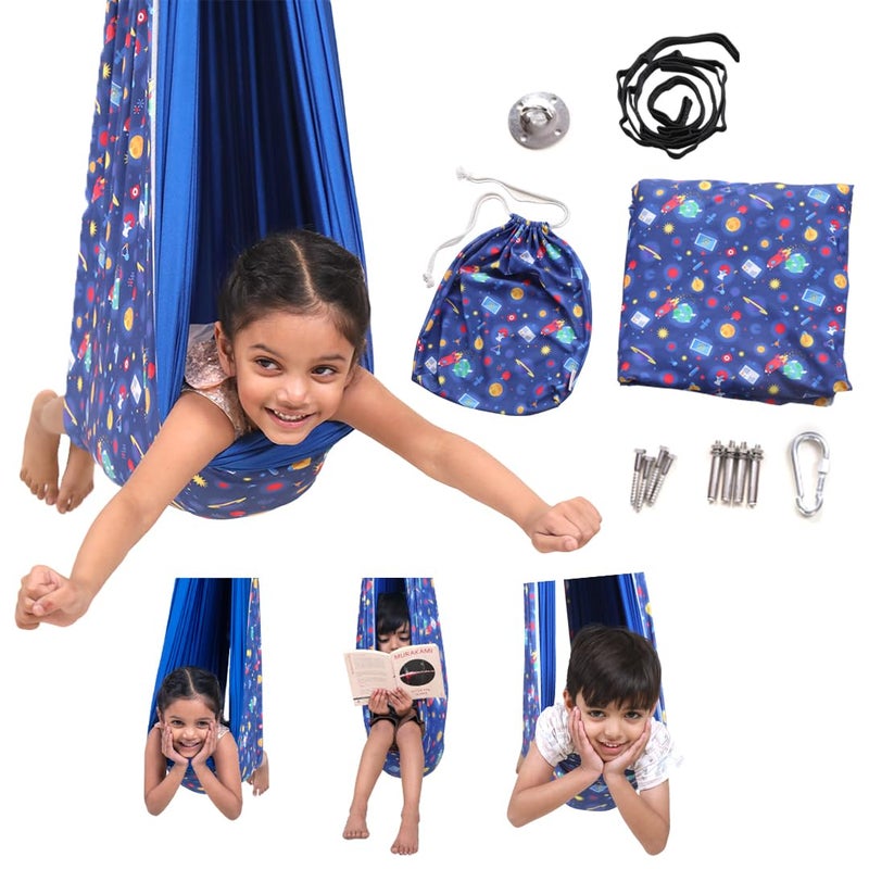 abley's Sensory Swing for Kids Indoor with Mounting Hardware Kit, Space Theme Design, Double-Layers, Adjustable Snuggle Cuddle Hammock Lycra Therapy Swing, Blue - Image 2