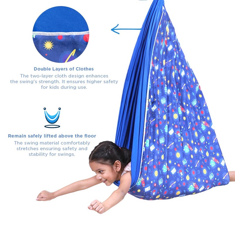 abley's Sensory Swing for Kids Indoor with Mounting Hardware Kit, Space Theme Design, Double-Layers, Adjustable Snuggle Cuddle Hammock Lycra Therapy Swing, Blue - Image 3
