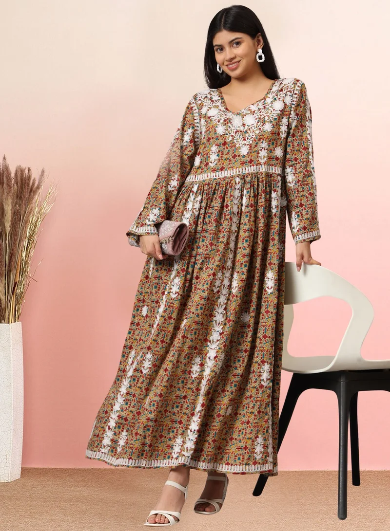 الايا جلابية قطنية مطبوعة مطرزة يدويًا من لاكناوي شيكانكاري-AL3936