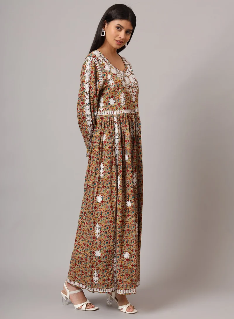 الايا جلابية قطنية مطبوعة مطرزة يدويًا من لاكناوي شيكانكاري-AL3936