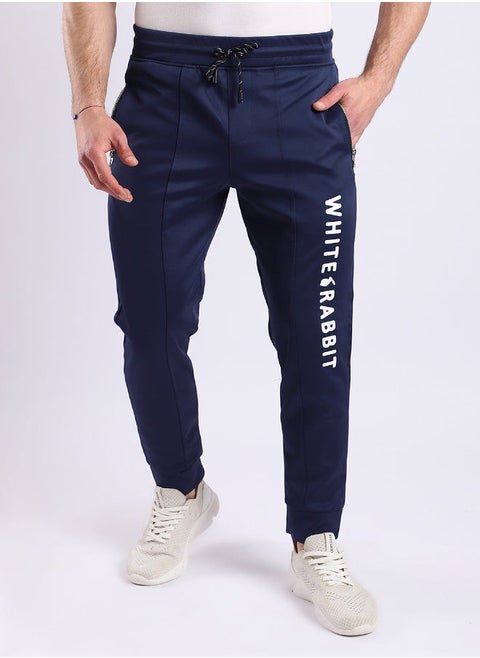 Thigh To Knee Printed "Whte Rabbit" Sweatpants - Navy Blue