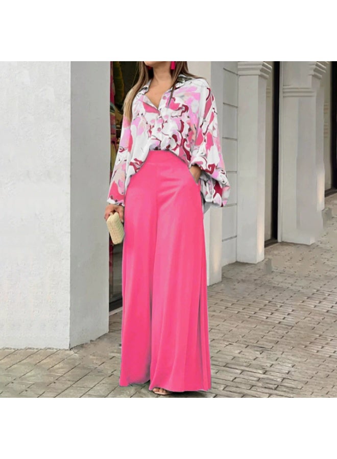 general 2025-2026 Women's set loose large size casual printed shirt solid color wide leg pants two-piece set - Image 1