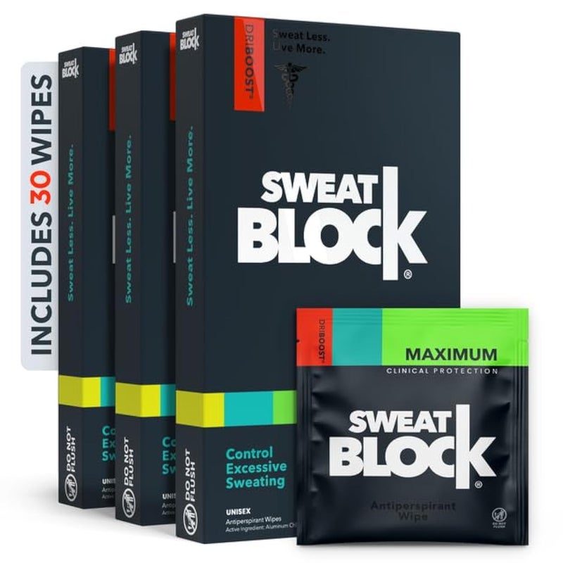 SweatBlock Antiperspirant Wipes - Maximum Clinical Strength - Treat Hyperhidrosis & Excessive Sweating for Men, Women, & Teens - up to 7 Days Protection Per Wipe - Dermatologist Tested - 30 Wipes - Image 1