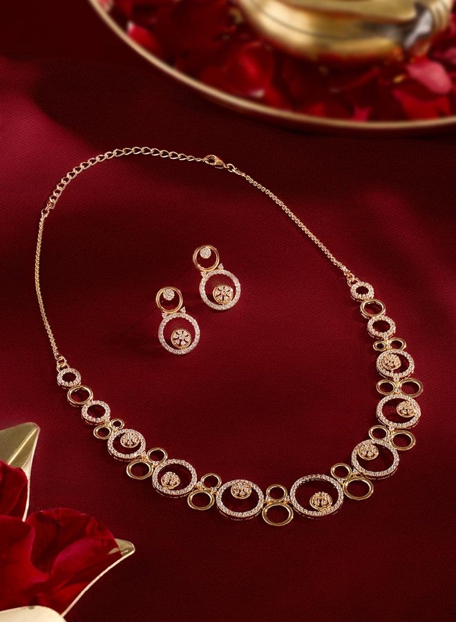 Ami Gold Tone Cubic Zirconia Circular Design Contemporary Necklace and Earring Set For Women-ZPFK21503 - Image 2