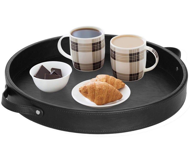 HofferRuffer PU Leather Round Tray Serving Tray with Handles Decorative Catchall Vanity Tray Coffee Tray Faux Leather Ottoman Tray for Home Or Office Diameter 146inch Black
