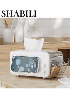 1 Pack PS Tissue Box Holder with Phone Holder, Waterproof Facial Wipes Storage Box with Sundry Storage Area, ，Fashion Napkin Dispenser Container for Desk Home， Toilet ，Bathroom， Office， Restauran