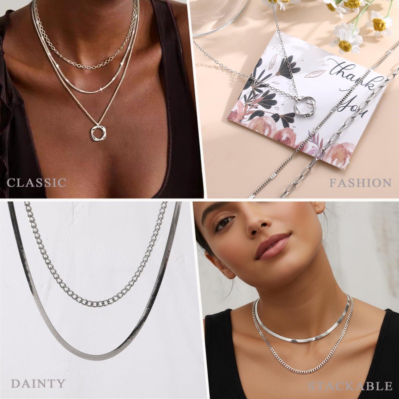 YEEZII 56 Pcs Silver Jewelry Set for Women with 5Pcs Layered Necklace, 5Pcs Layered Necklace, 12 Bracelets, 4 Hoop Earrings, 8 Stackable Rings, 10 hairpins, 12 Studs Earrings Jewerly set for Women - Image 4