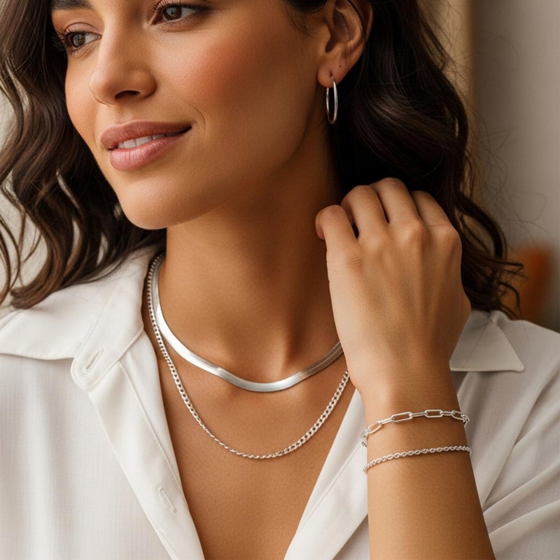 YEEZII 56 Pcs Silver Jewelry Set for Women with 5Pcs Layered Necklace, 5Pcs Layered Necklace, 12 Bracelets, 4 Hoop Earrings, 8 Stackable Rings, 10 hairpins, 12 Studs Earrings Jewerly set for Women - Image 2