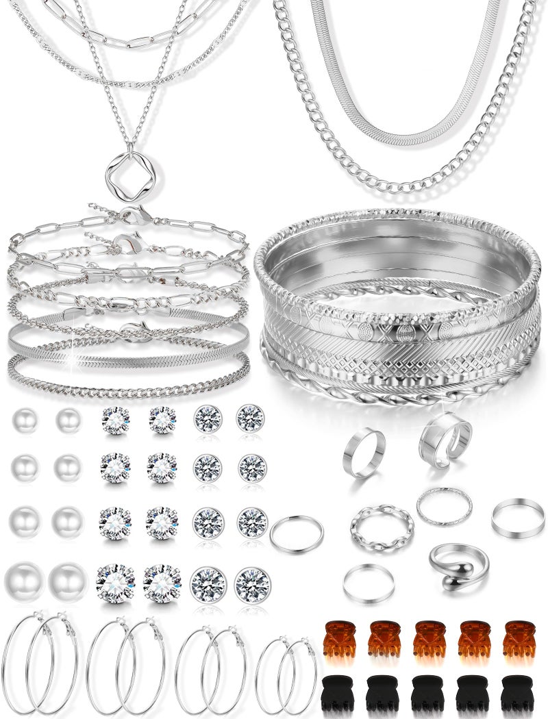 YEEZII 56 Pcs Silver Jewelry Set for Women with 5Pcs Layered Necklace, 5Pcs Layered Necklace, 12 Bracelets, 4 Hoop Earrings, 8 Stackable Rings, 10 hairpins, 12 Studs Earrings Jewerly set for Women - Image 1