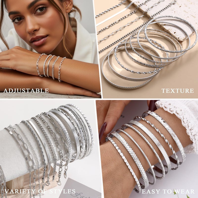 YEEZII 56 Pcs Silver Jewelry Set for Women with 5Pcs Layered Necklace, 5Pcs Layered Necklace, 12 Bracelets, 4 Hoop Earrings, 8 Stackable Rings, 10 hairpins, 12 Studs Earrings Jewerly set for Women - Image 3