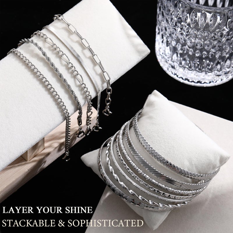 YEEZII 56 Pcs Silver Jewelry Set for Women with 5Pcs Layered Necklace, 5Pcs Layered Necklace, 12 Bracelets, 4 Hoop Earrings, 8 Stackable Rings, 10 hairpins, 12 Studs Earrings Jewerly set for Women - Image 5