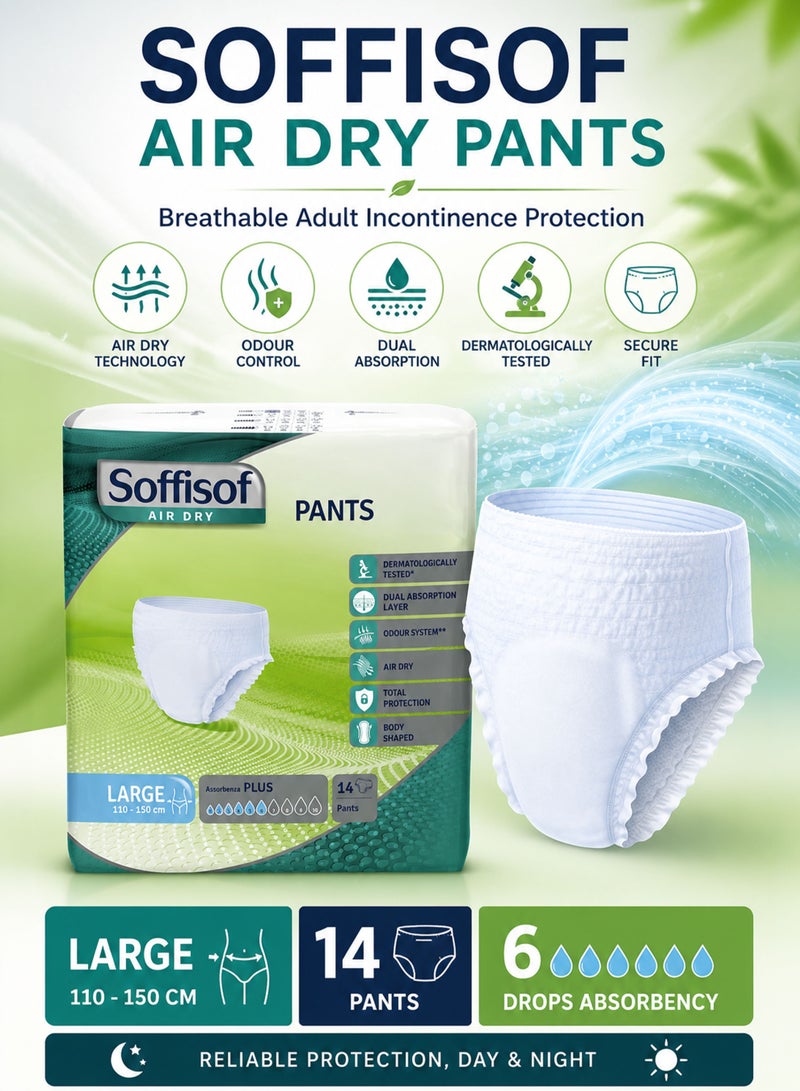 Soffisof Air Dry Pants Plus Large Adult Diapers for Men & Women 14 PCS Breathable Incontinence Underwear with Dual Absorption Odour Control Wetness Indicator Dermatologically Tested 110-150cm Waist - Image 1