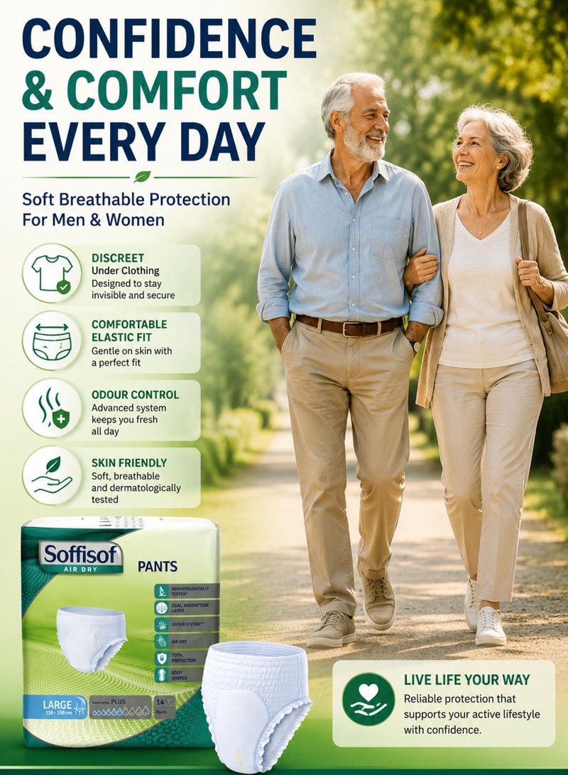 Soffisof Air Dry Pants Plus Large Adult Diapers for Men & Women 14 PCS Breathable Incontinence Underwear with Dual Absorption Odour Control Wetness Indicator Dermatologically Tested 110-150cm Waist - Image 3