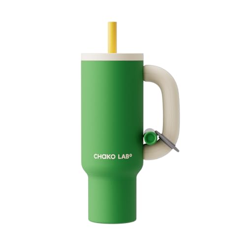 CHAKO LAB BaWang Insulated Stainless Steel Tumbler | Tumbler with Handle and Straw 33oz | Cup Holder Friendly for Travel | Leakproof Water Bottle | BPA-Free | Ceramic liner| Green＆White - Image 1