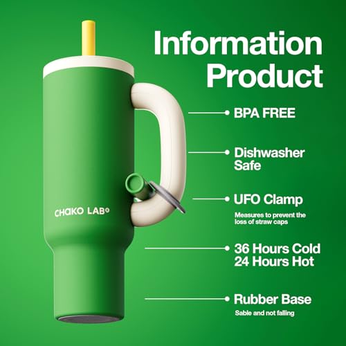 CHAKO LAB BaWang Insulated Stainless Steel Tumbler | Tumbler with Handle and Straw 33oz | Cup Holder Friendly for Travel | Leakproof Water Bottle | BPA-Free | Ceramic liner| Green＆White - Image 2