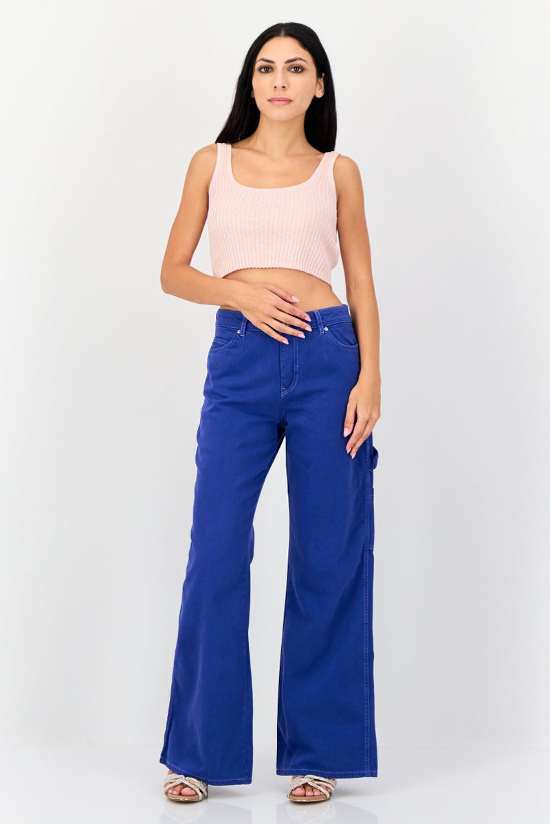 KOTON Women Regular Fit Solid No Stretch Wide Leg Denim, Blue - Image 3