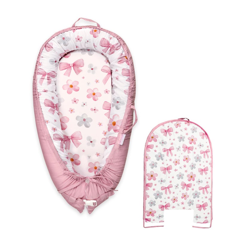 Hooyax Baby Lounger Cover Only, 100% Cotton Newborn Nest Cover, Soft Portable Baby Nest Replacement Cover for Boys Girls, Breathable Infant Lounger Covers, Baby Essential (Bow Flower) - Image 1