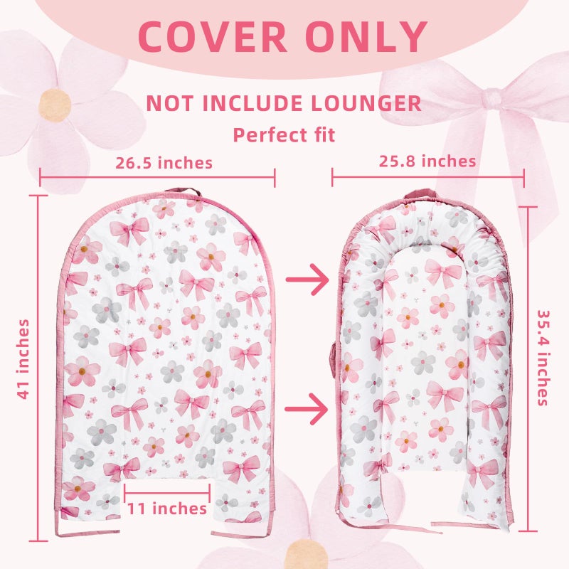 Hooyax Baby Lounger Cover Only, 100% Cotton Newborn Nest Cover, Soft Portable Baby Nest Replacement Cover for Boys Girls, Breathable Infant Lounger Covers, Baby Essential (Bow Flower) - Image 2