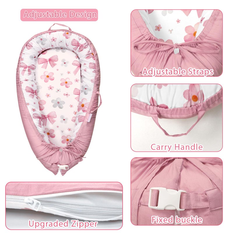Hooyax Baby Lounger Cover Only, 100% Cotton Newborn Nest Cover, Soft Portable Baby Nest Replacement Cover for Boys Girls, Breathable Infant Lounger Covers, Baby Essential (Bow Flower) - Image 3