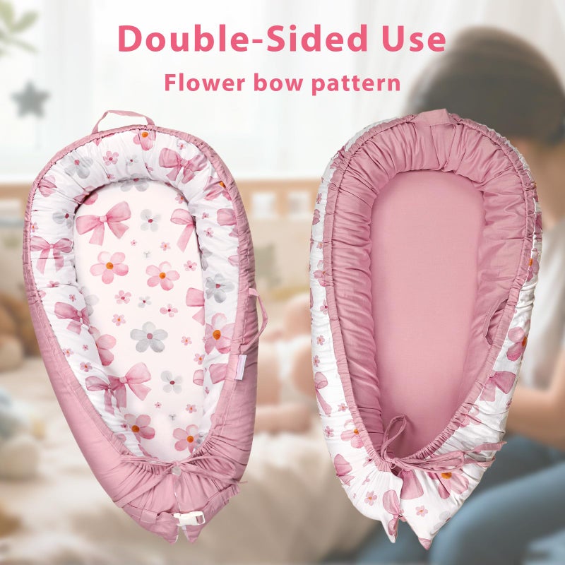 Hooyax Baby Lounger Cover Only, 100% Cotton Newborn Nest Cover, Soft Portable Baby Nest Replacement Cover for Boys Girls, Breathable Infant Lounger Covers, Baby Essential (Bow Flower) - Image 5