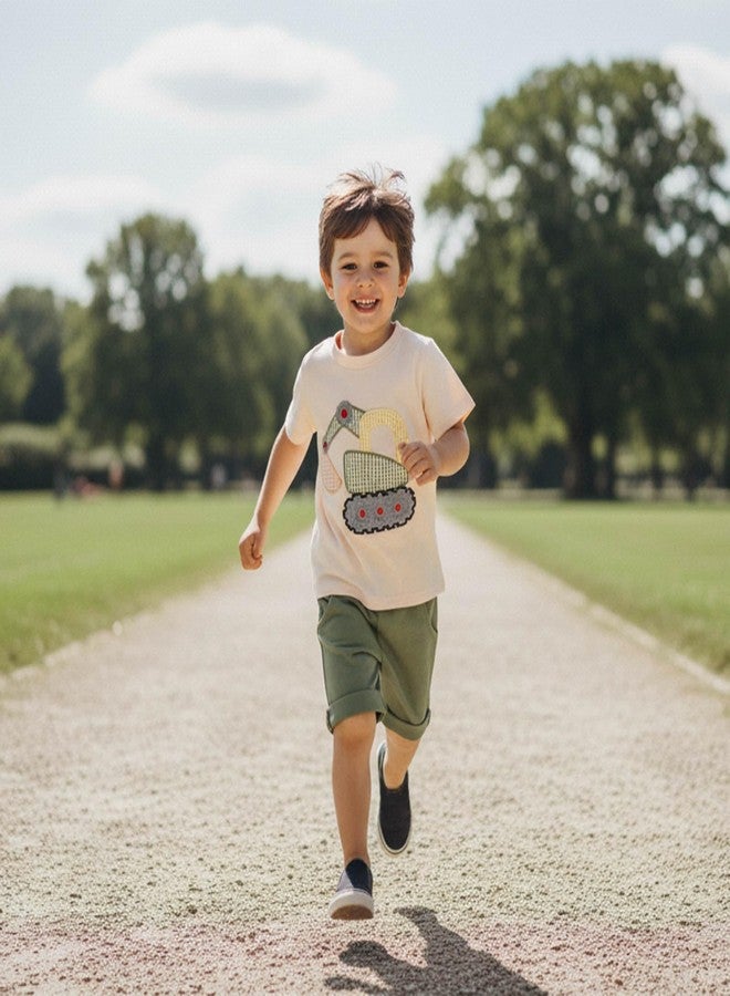 FOCUSNORM Toddler Baby Boy Summer Clothes Excavator Embroidery Short Sleeve T-Shirt Elastic Waist Shorts Set 2 Piece Outfit (Cute Green, 2-3T) - Image 2