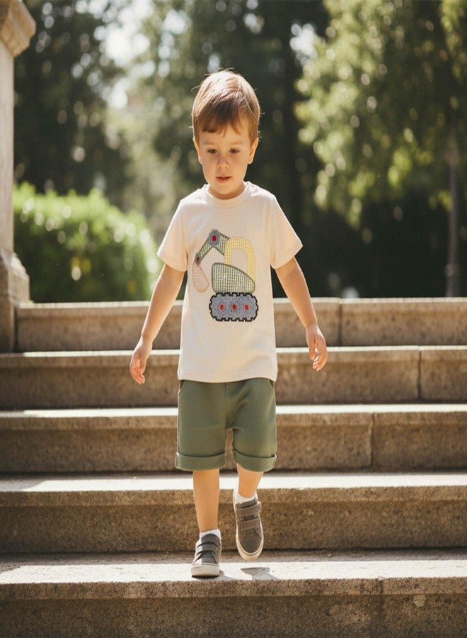 FOCUSNORM Toddler Baby Boy Summer Clothes Excavator Embroidery Short Sleeve T-Shirt Elastic Waist Shorts Set 2 Piece Outfit (Cute Green, 2-3T) - Image 3