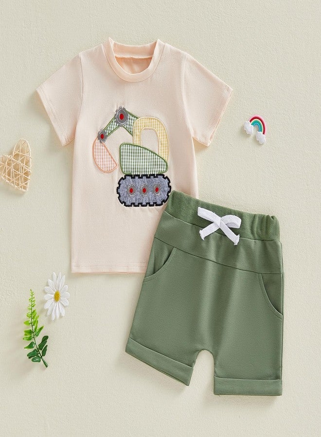 FOCUSNORM Toddler Baby Boy Summer Clothes Excavator Embroidery Short Sleeve T-Shirt Elastic Waist Shorts Set 2 Piece Outfit (Cute Green, 2-3T) - Image 5