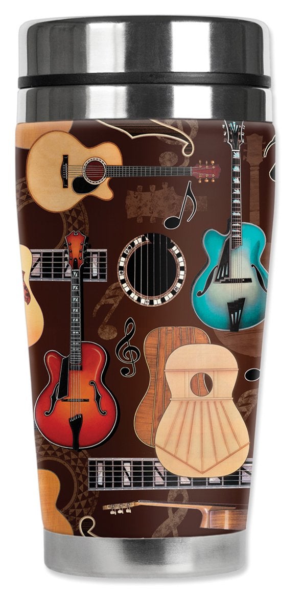 Mugzie ""Guitars"" Stainless Steel Travel Mug with Insulated Wetsuit Cover  20 oz  Black - Image 1