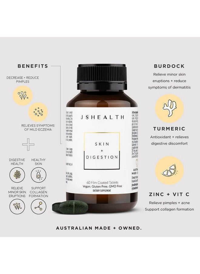 JSHealth - Vitamins Skin And Digestion Formula; Skin Supplement With Zinc; Burdock Turmeric; Clear Healthy Skin; Acne Treatment For Teens And Adults; (60 Tablets) - Image 1