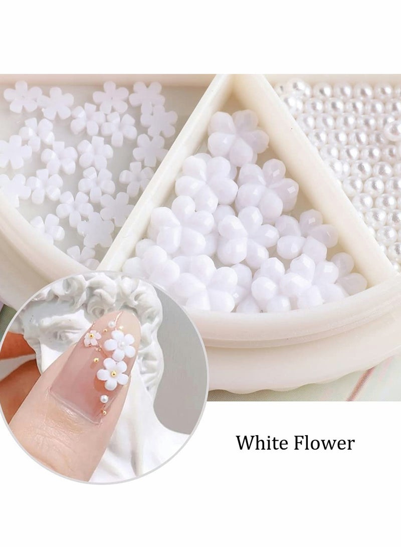 SOLARAE Nail Art Flower Decal, White Flower Pearl Small Beads Glitter Nail Art Supplies, Mixed Pack Elegant Nail Art Decoration Sticker Accessories for DIY Nail Art, Ladies and Girls Nail Designs 1 Box - Image 2