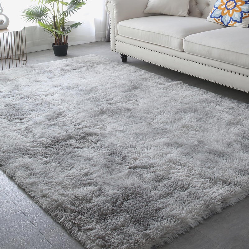 Living Room Area Rug 8x10 Grey Plush Shag Rugs for Living Room Bedroom Large Modern Soft Indoor NonSlip Shaggy Floor CarpetTieDyed Light Gray