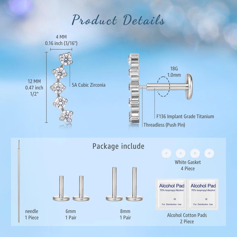 limerencia G23 Hypoallergenic 18g Flat Back Stud Earrings | F136 Implant Grade Titanium Press Fit Threadless Push Pop in Cartilage Helix Labret Lip Monroe Tragus Piercing Studs - Image 3
