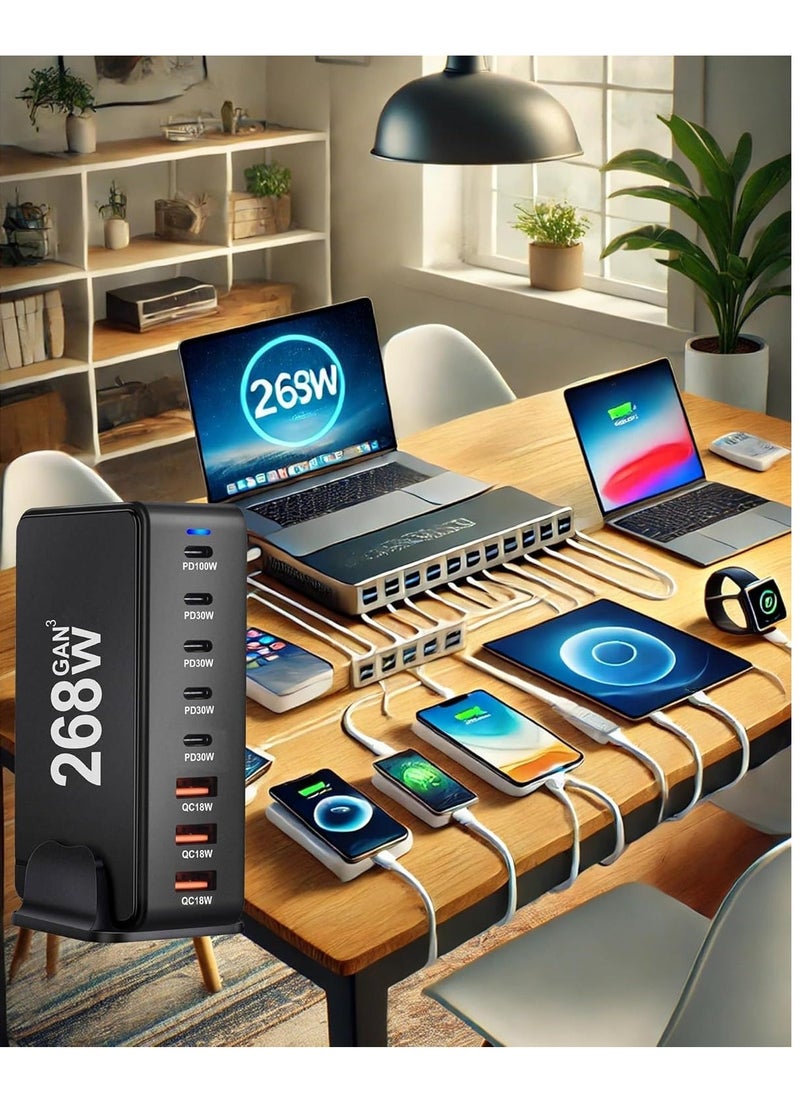 ELTRAZONE محطة شحن سريعة 268 واط USB-C – شاحن مكتبي 8 منافذ لأجهزة اللابتوب والهواتف والأجهزة اللوحية والأجهزة الذكية – شحن سريع، USB-C PD، حماية من الشحن الزائد والدوائر القصيرة، تصميم مدمج وفعال للاستخدام المنزلي والمكتبي - Image 2