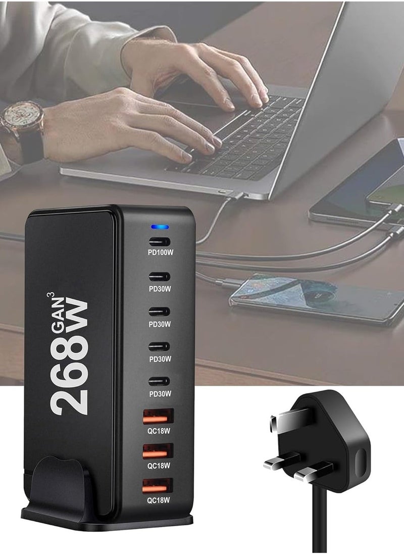 ELTRAZONE محطة شحن سريعة 268 واط USB-C – شاحن مكتبي 8 منافذ لأجهزة اللابتوب والهواتف والأجهزة اللوحية والأجهزة الذكية – شحن سريع، USB-C PD، حماية من الشحن الزائد والدوائر القصيرة، تصميم مدمج وفعال للاستخدام المنزلي والمكتبي - Image 1