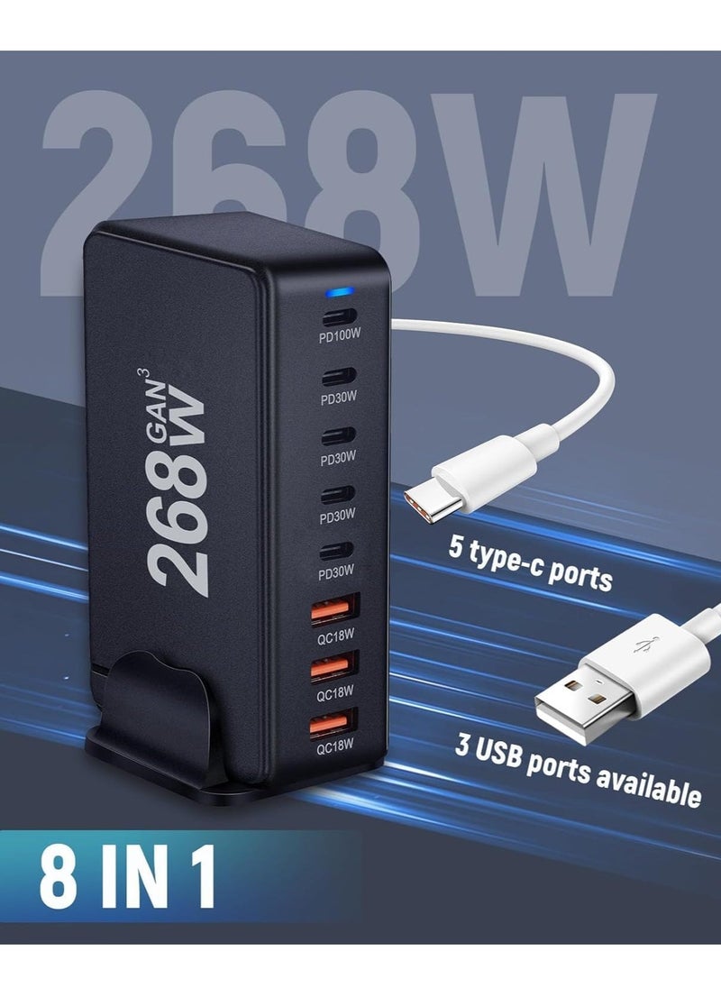 ELTRAZONE محطة شحن سريعة 268 واط USB-C – شاحن مكتبي 8 منافذ لأجهزة اللابتوب والهواتف والأجهزة اللوحية والأجهزة الذكية – شحن سريع، USB-C PD، حماية من الشحن الزائد والدوائر القصيرة، تصميم مدمج وفعال للاستخدام المنزلي والمكتبي - Image 4