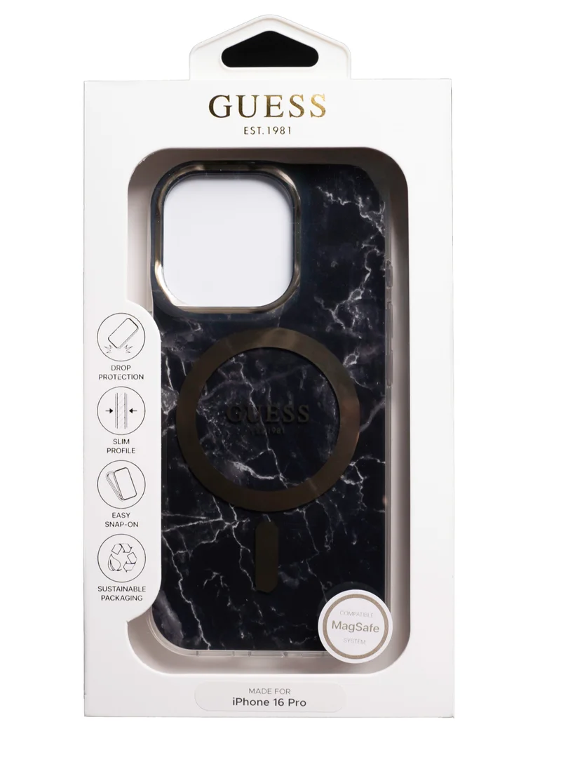 GUESS MagSafe IML Hard Case with Marble Design For iPhone 16 Pro / Comfortable Grip / Easy Snap-On / Precise Port Cutouts - Black