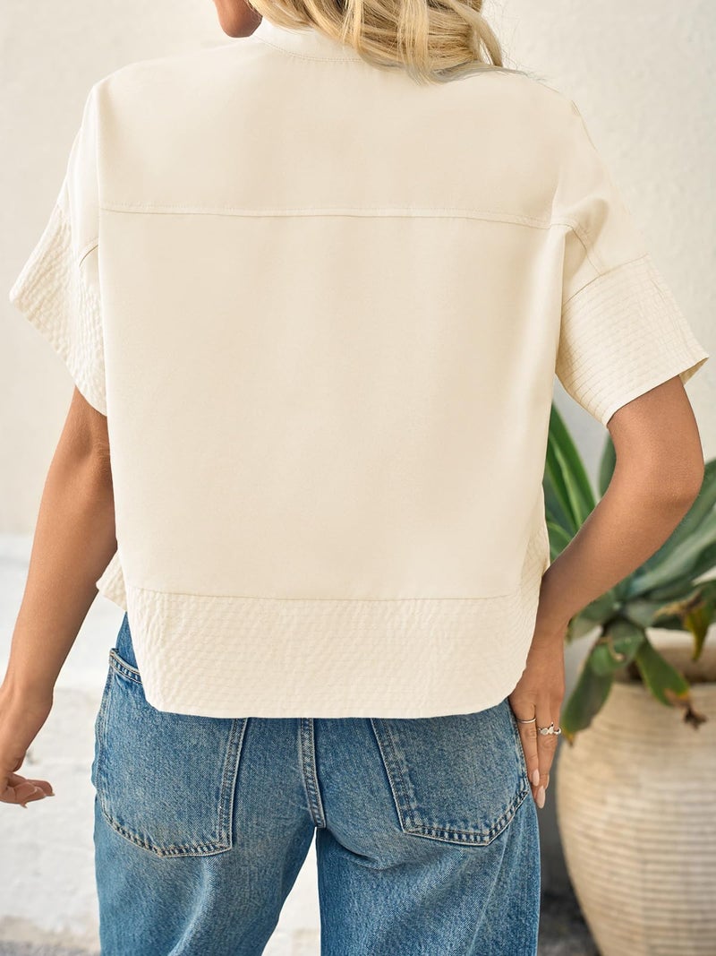Cicy Bell Womens Cropped Short Sleeve Button Down Shirts Pleated Summer Dressy Casual Blouse Stand Collar Loose Fit Tops Beige - Image 5