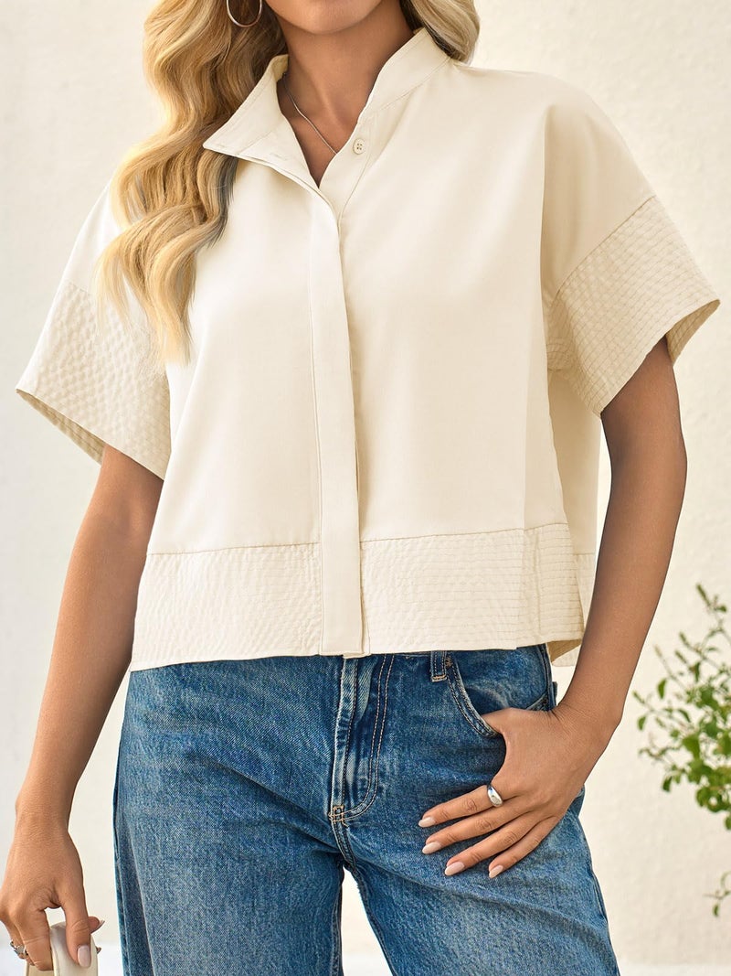 Cicy Bell Womens Cropped Short Sleeve Button Down Shirts Pleated Summer Dressy Casual Blouse Stand Collar Loose Fit Tops Beige - Image 3