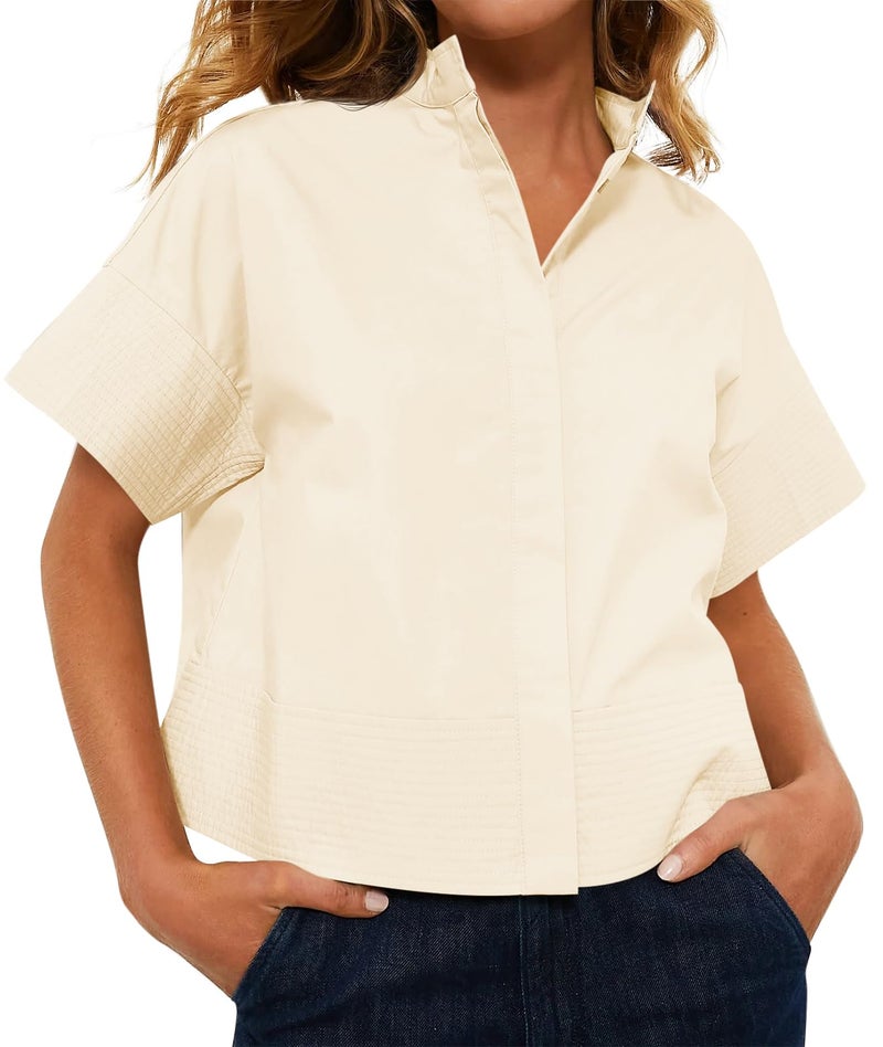 Cicy Bell Womens Cropped Short Sleeve Button Down Shirts Pleated Summer Dressy Casual Blouse Stand Collar Loose Fit Tops Beige - Image 1
