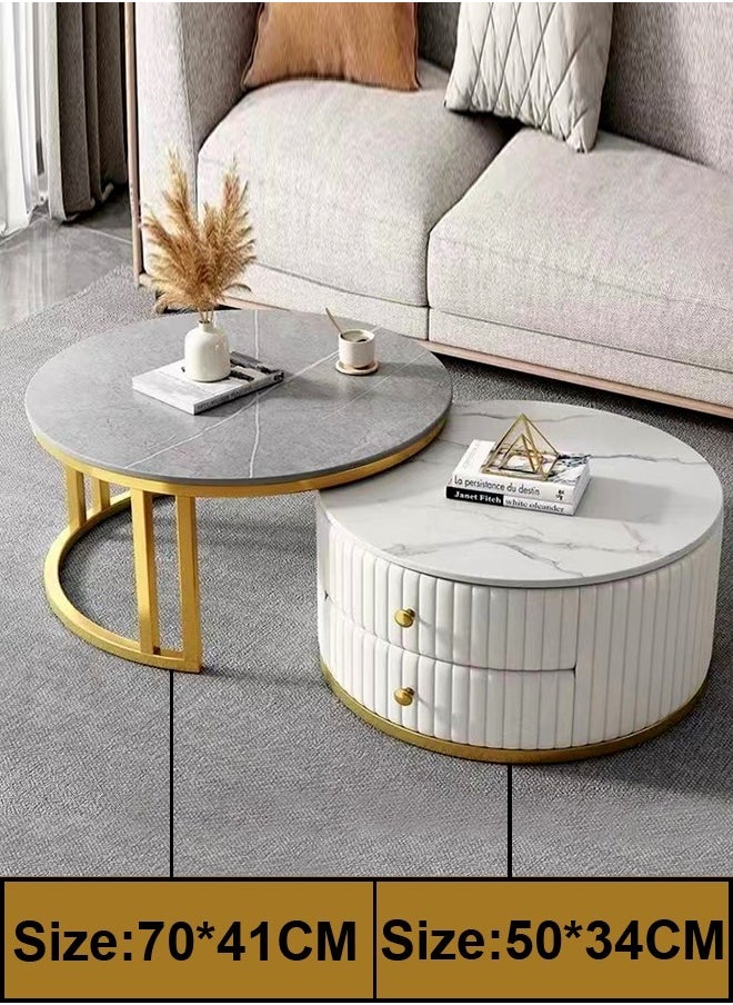 Set of 2 Multifunction Modern Style Round Coffee Table Stacking Nesting Side Table with Storage Drawers and Rock Slab Top Center Table for Living Room Bedroom Home Office Furniture 70x41&50x34 cm - pzsku/Z9F5CA9808ADC03D4824EZ/45/_/1724838288/1475a9cd-f06c-4bb8-b548-60bd96646a60