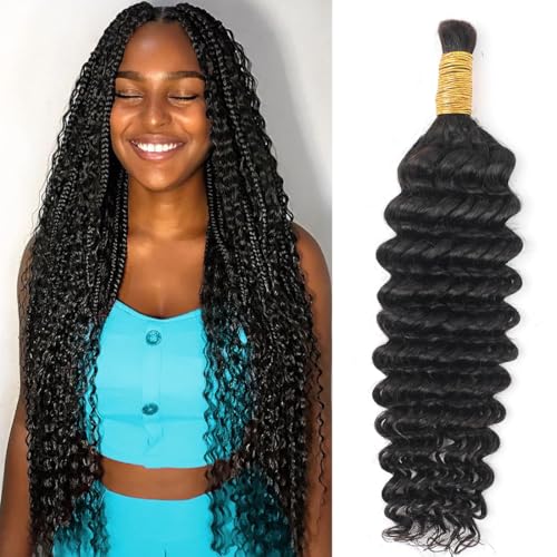 AUTTO Human Braiding Hair for Boho Braids 16inch Deep Water Wave Bulk Human Hair Extensions for Braiding No Weft Brazilian Virgin Curly Loose Deep Wave Bulk Wet and Wavy 1 Bundle 100g Natural Black - Image 1
