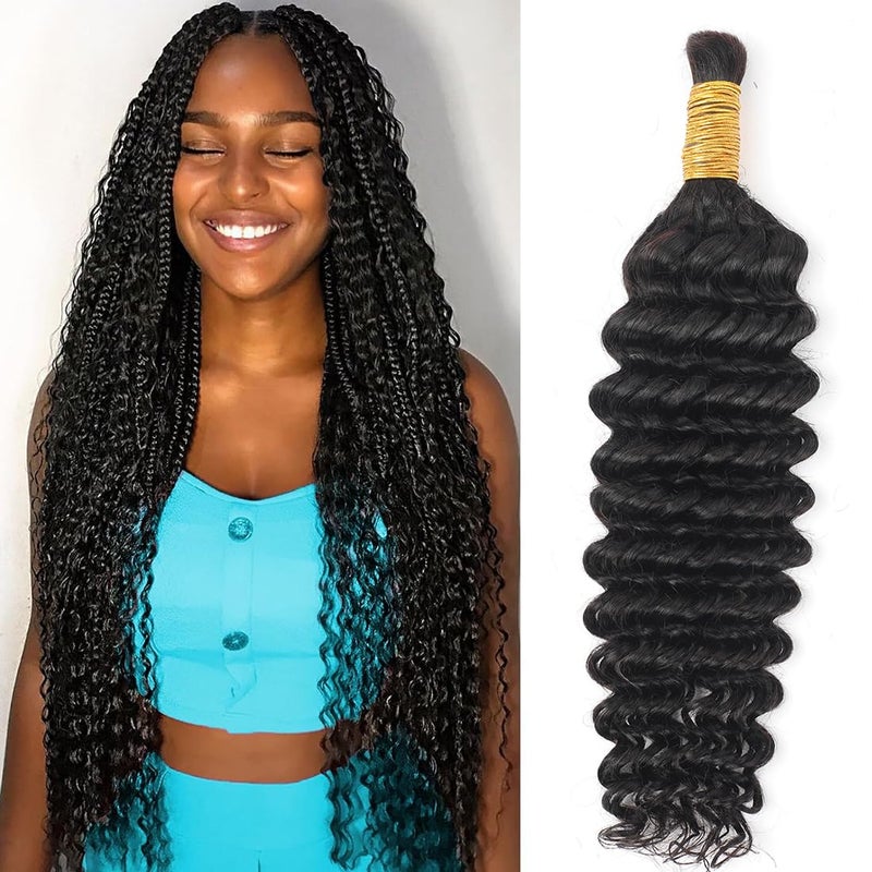 AUTTO Human Braiding Hair for Boho Braids 16inch Deep Water Wave Bulk Human Hair Extensions for Braiding No Weft Brazilian Virgin Curly Loose Deep Wave Bulk Wet and Wavy 1 Bundle 100g Natural Black - Image 2