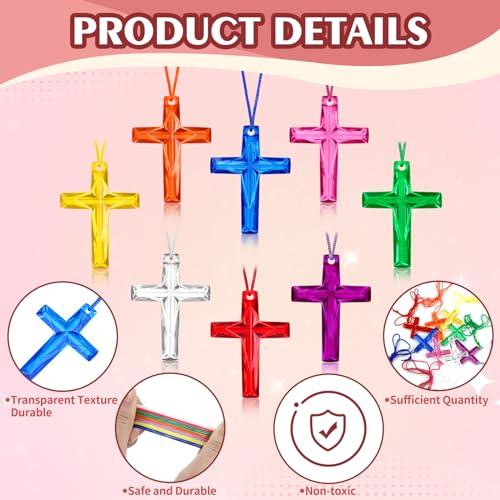 XIPENGKEJI 104 Pcs Crystal Cross Necklace Plastic Cross Necklace Christian Gift Bulk Religious Party Favors Toy for Sunday School Church Easter Vacation Bible School Operation Christmas8 ColorsTransparent Color - Image 5