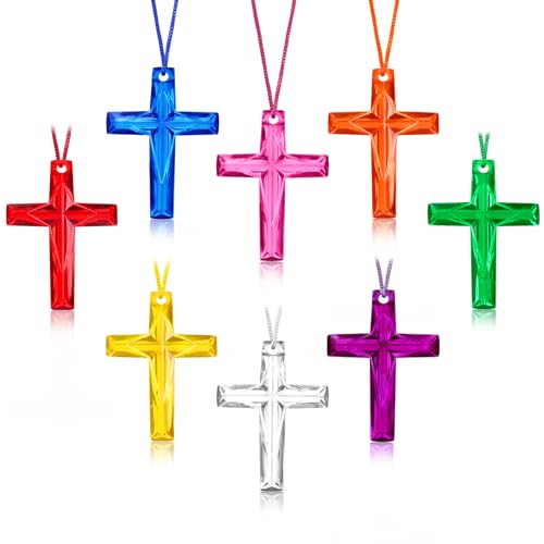 XIPENGKEJI 104 Pcs Crystal Cross Necklace Plastic Cross Necklace Christian Gift Bulk Religious Party Favors Toy for Sunday School Church Easter Vacation Bible School Operation Christmas8 ColorsTransparent Color - Image 1