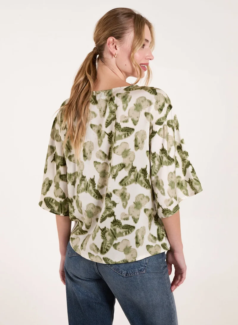 Blue Vanilla Tie Front Watercolour Butterfly Printed Top