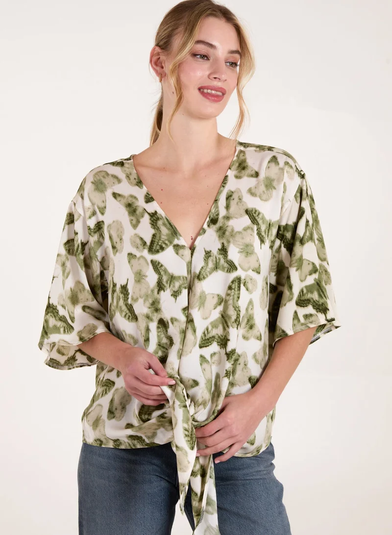 Blue Vanilla Tie Front Watercolour Butterfly Printed Top